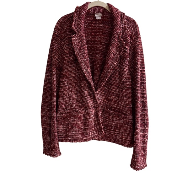 Chico’s Bouclé Knit Blazer Jacket Burgundy Marled Fringe trim. SZ 3 - Picture 1 of 15